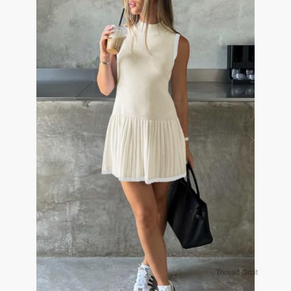 Sleeveless Mini Dress Mock Neck Ribbed Knit Pleated Casual Summer Tank - Picture 5 of 7
